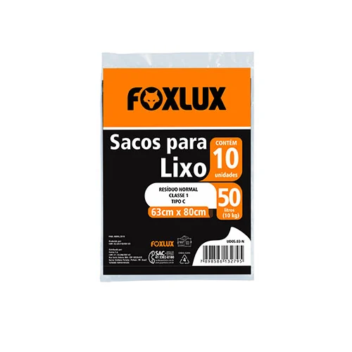 Saco de Lixo Preto 50L Foxlux Almofada com 10 Unidades